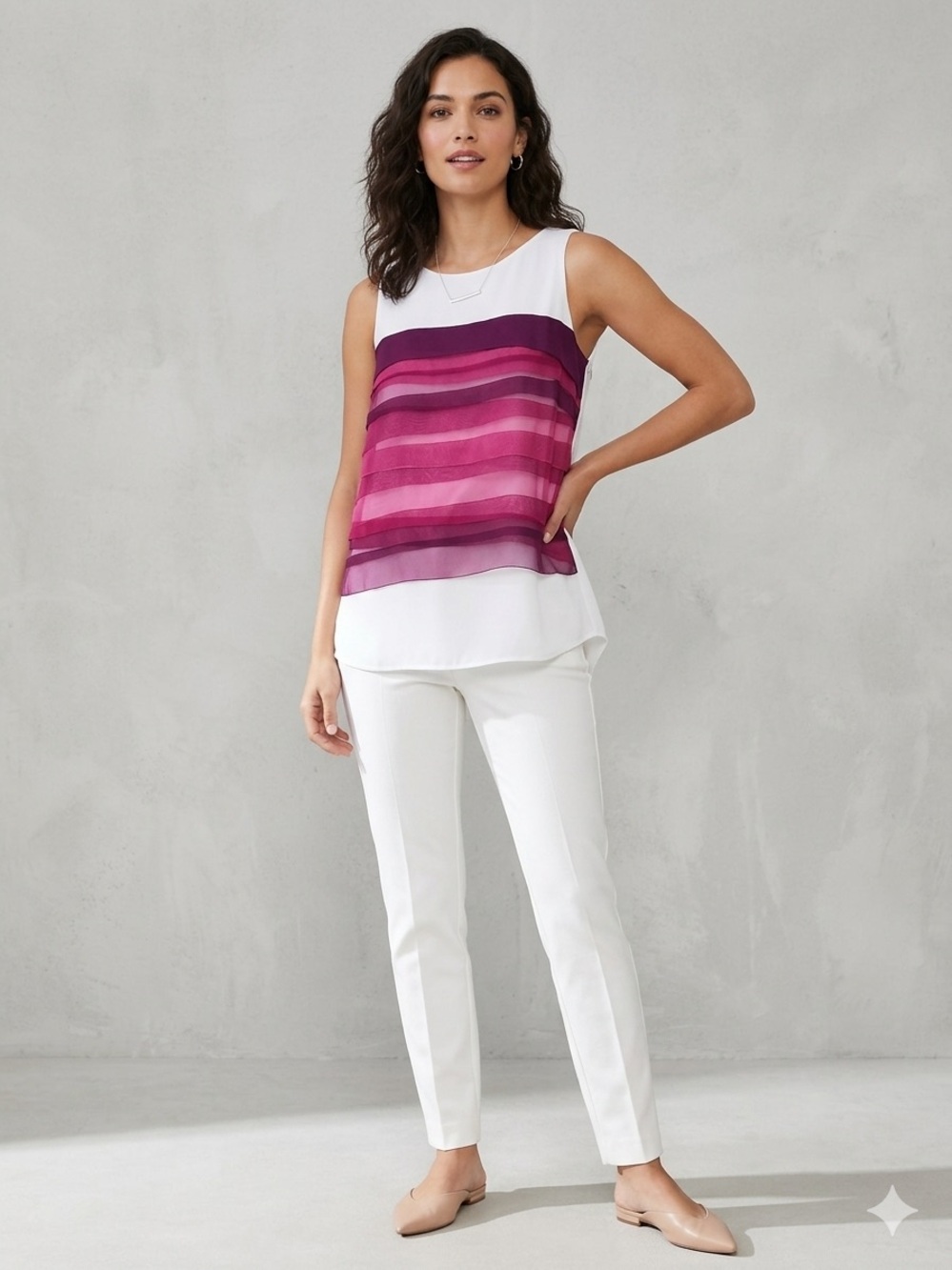 ANN TAYLOR NWT Sleeveless Tiered Organza Satin Top Pink Purple White Small S